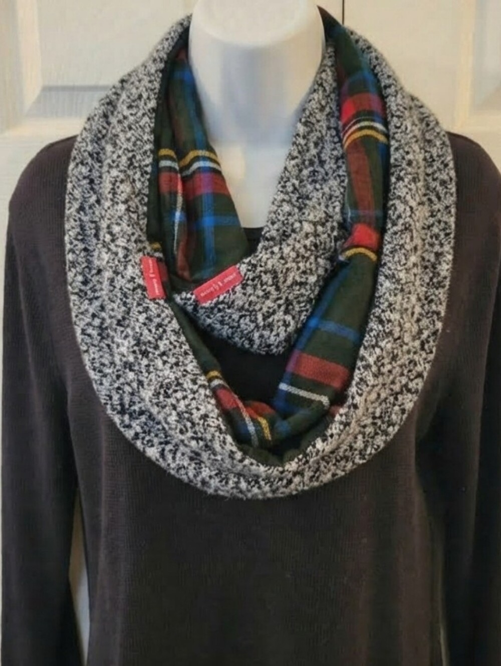 Handmade Sunshine & Sparklez Black White Tweed Tartan Plaid Infinity Scarf New